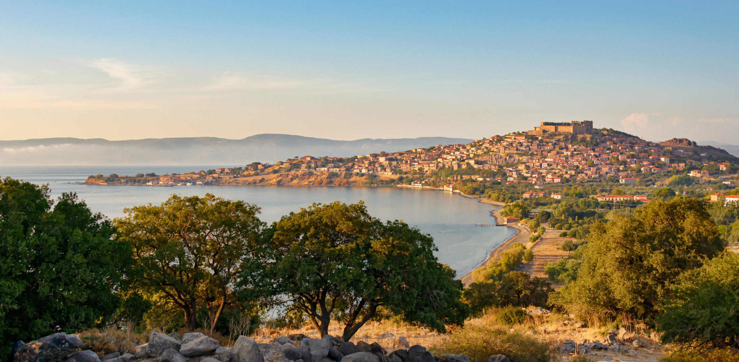 Panorama view of the village Molivos in evening light, Lesvos, Greece, Europe