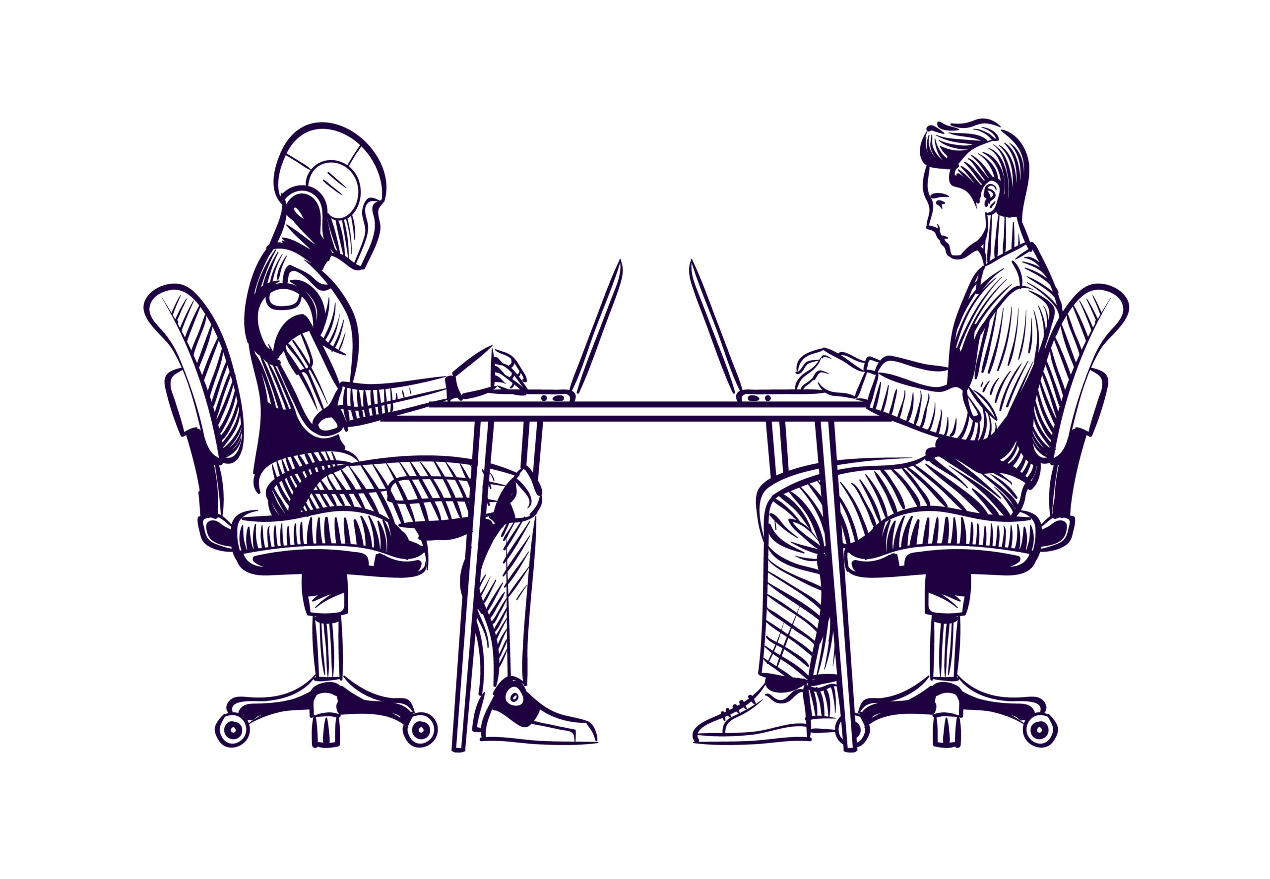 Robot vs man. Human humanoid robot work with laptops at desk. Artificial intelligence, employees replacement sketch vector concept